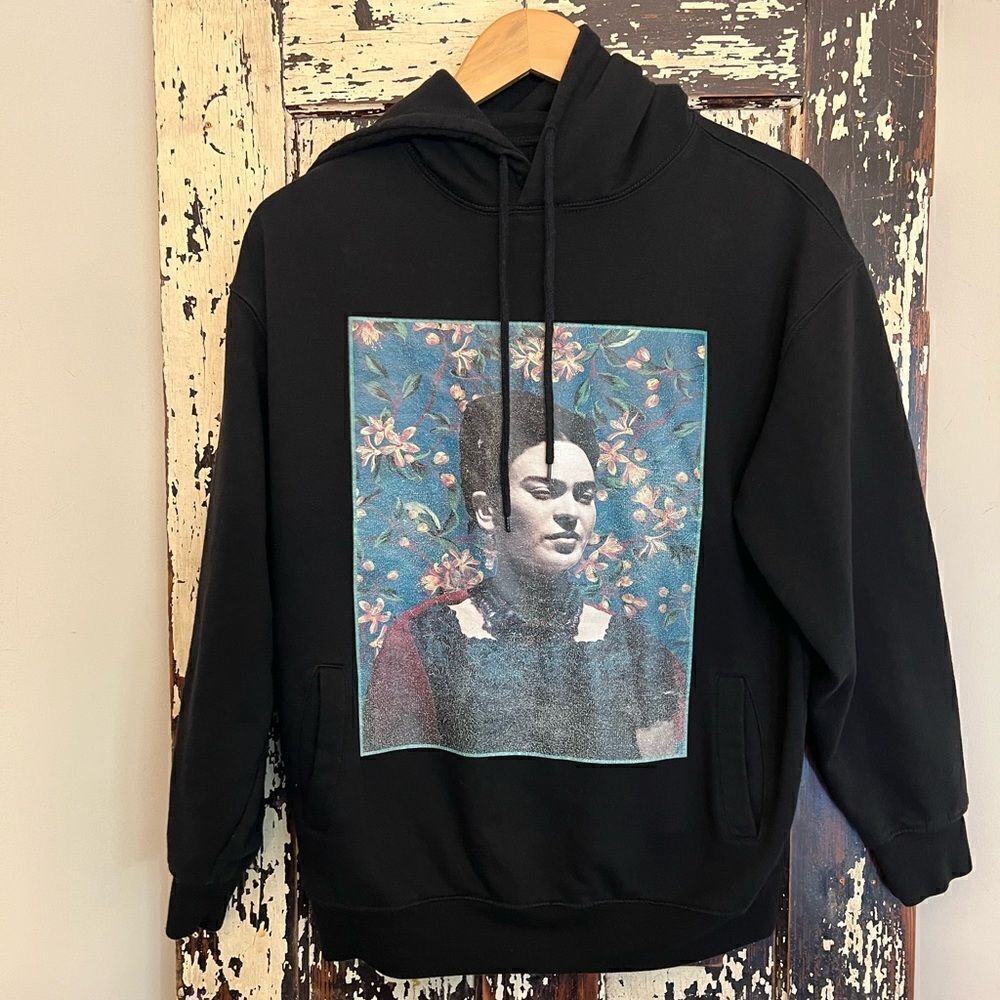 Frida Kahlo unisex Hoodie w embroidered Roses on hood. Size Small.